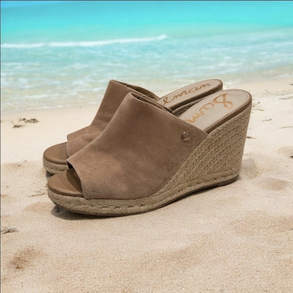 Sam Edelman Size 9.5M Bonnie Peach Suede Leather Espadrille Wedge